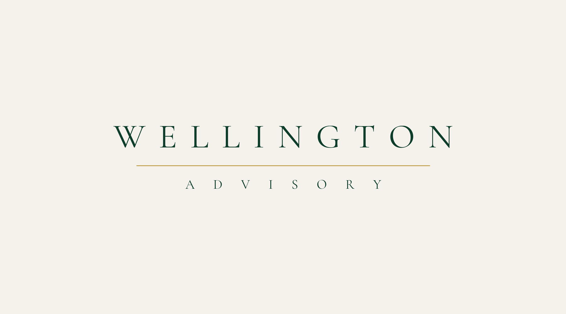 Wellington Advisory wordmark in forest green with gold hairline rule, logo design by Sogand Nobahar