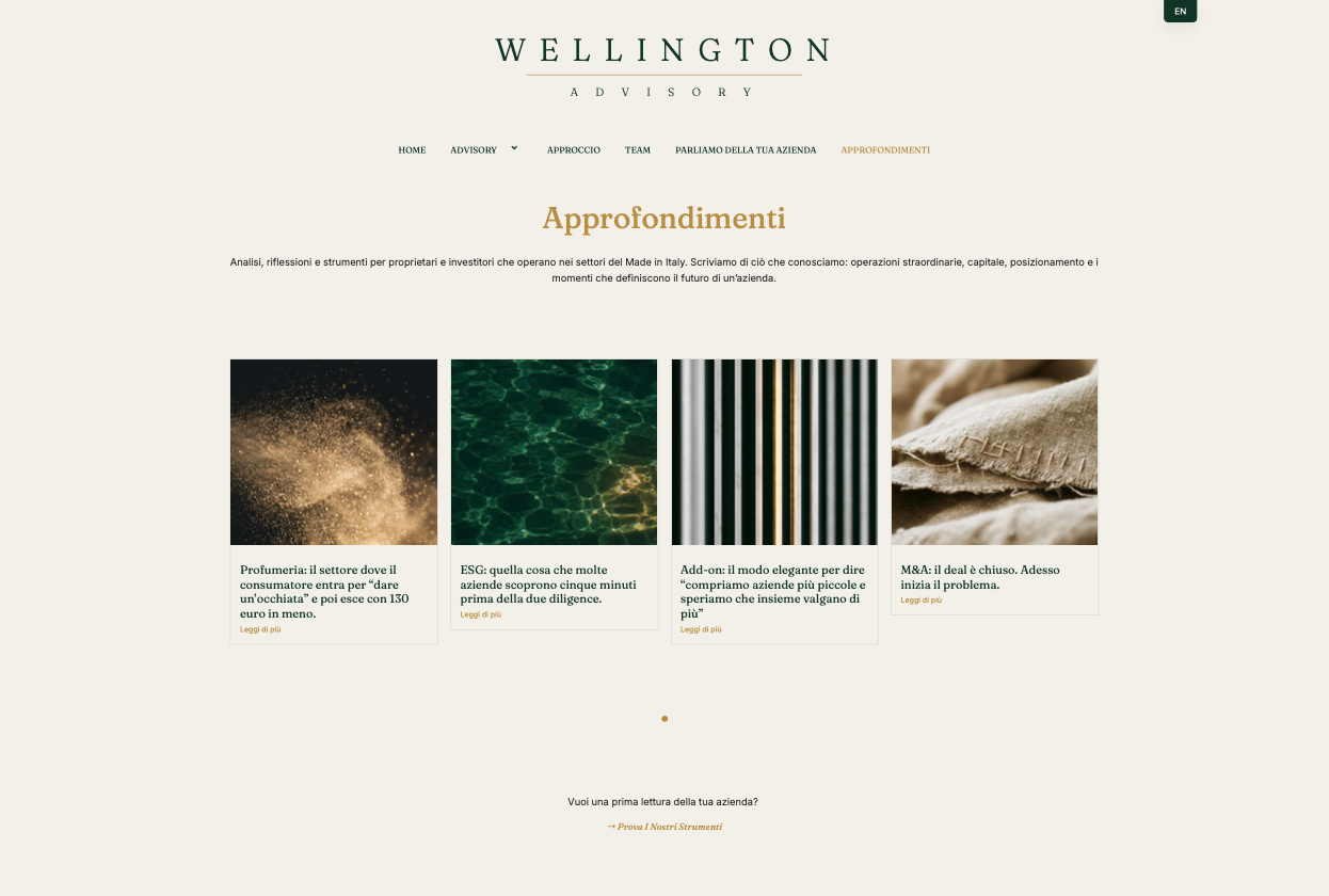 Approfondimenti editorial index on the Wellington Advisory website, designed by Sogand Nobahar