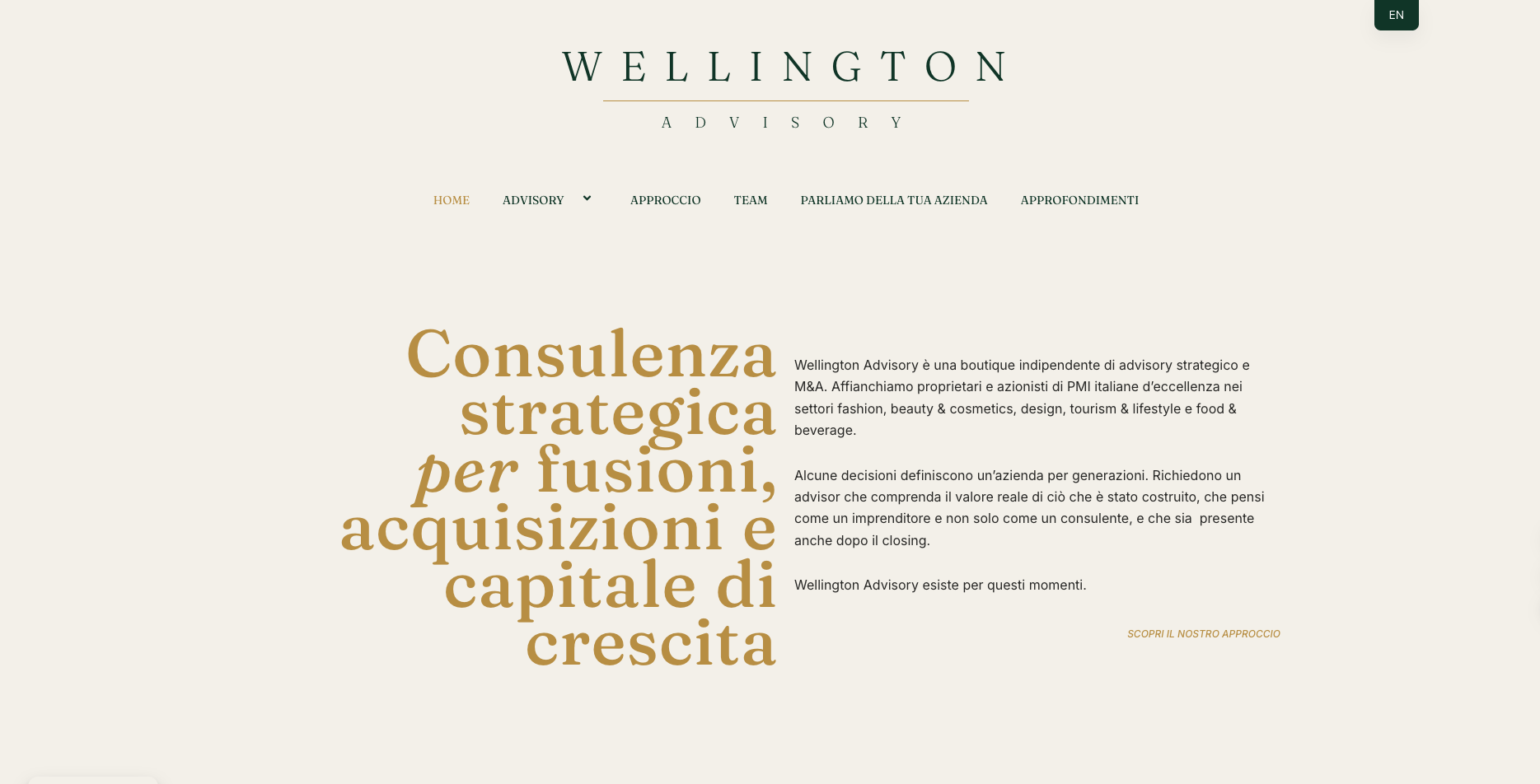 Wellington Advisory bilingual homepage in Italian, web design and copy by Sogand Nobahar
