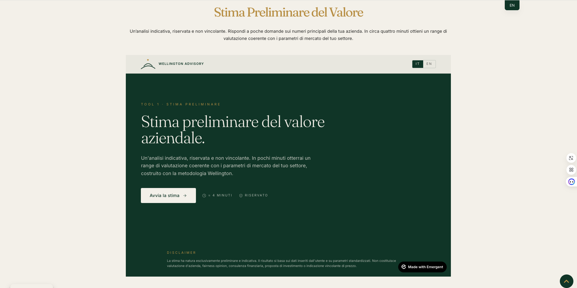 Preliminary company valuation tool interface for Wellington Advisory, designed by Sogand Nobahar on emergent