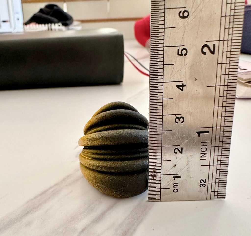 The ring measured against a steel ruler on a studio table, giving the exact dimension and nothing else