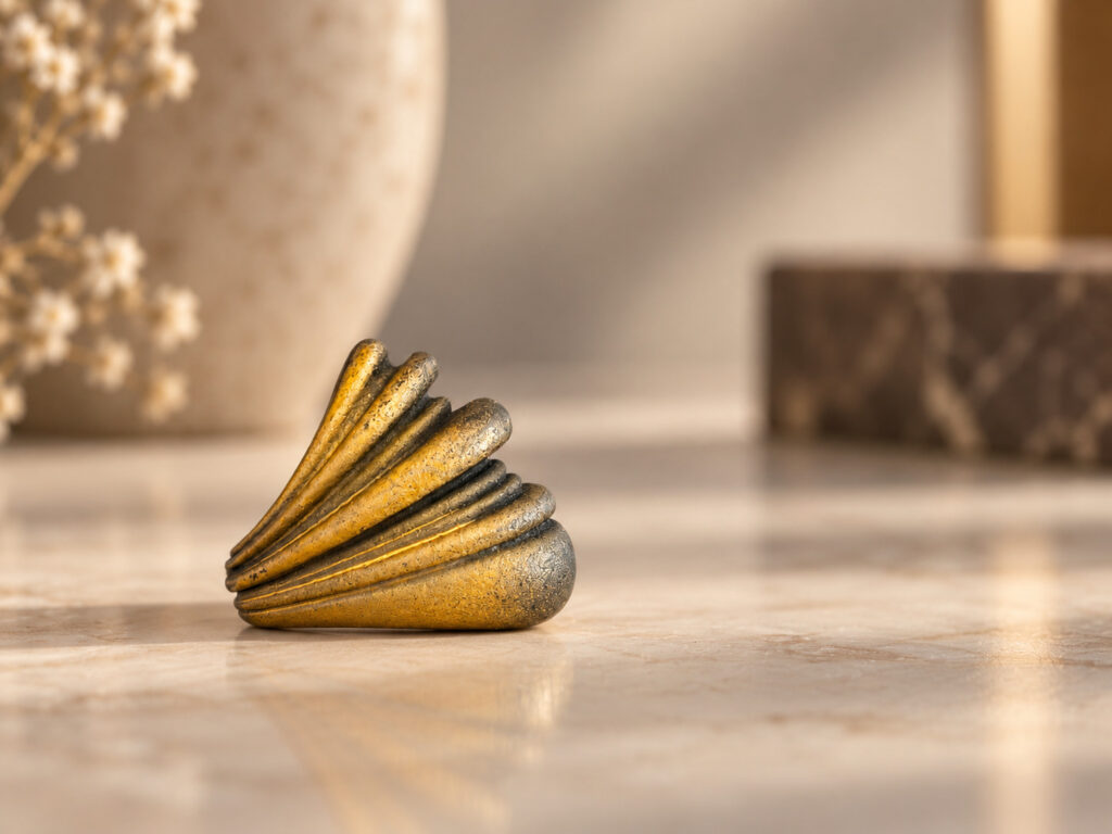The same ring rendered in a built interior with directional light, a reflective floor and objects of known size around it