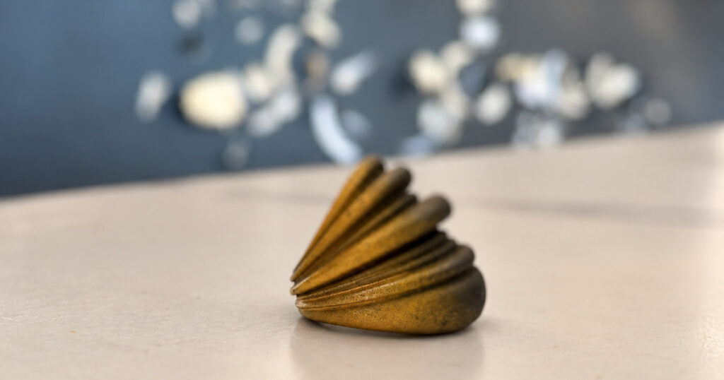 Photograph of the ring with the focus falling off across the object, the front ridges sharp and the back of the piece dissolved