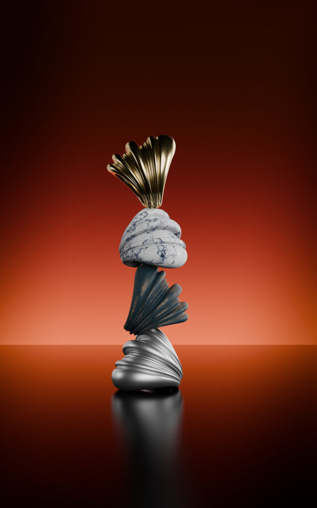 Four copies of the same ring rendered in gold, marble, blue and silver, stacked on a red ground with nothing to indicate their real size